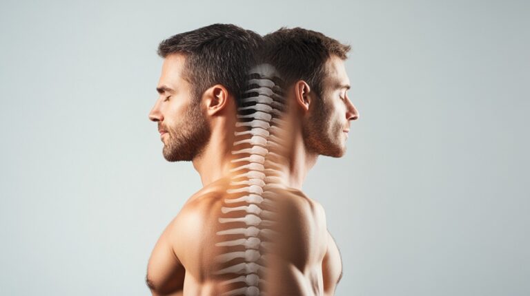 two men standing back-to-back with a visual of a spine superimposed between them, symbolizing the comparison between chiropractic care and massage therapy