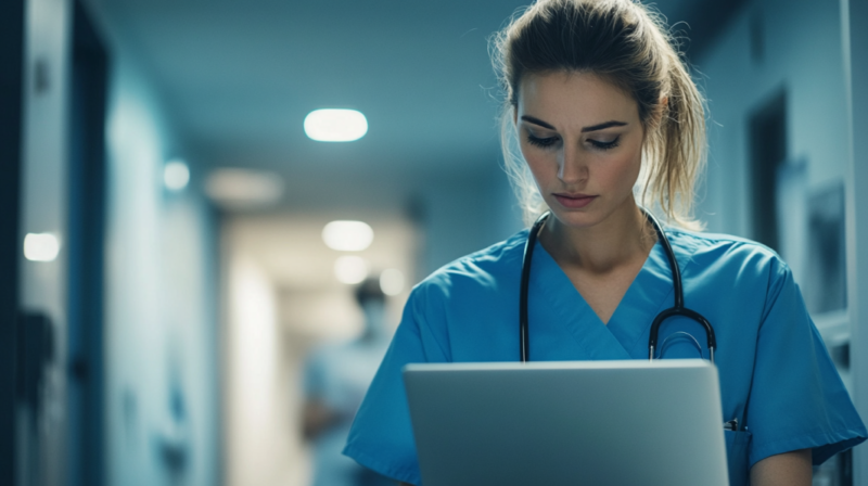 A Focused Nurse Reviews Data on A Laptop in A Hospital Corridor, Highlighting the Integration of Advanced Education and Specialization in Nursing