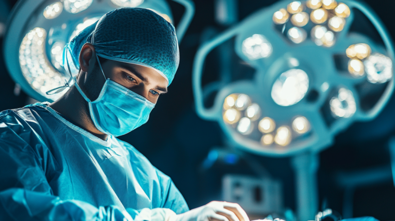 Male Surgeon in A Blue Scrub Cap and Surgical Mask Focuses Intently During a Spondylolisthesis Procedure Under Bright Operating Room Lights