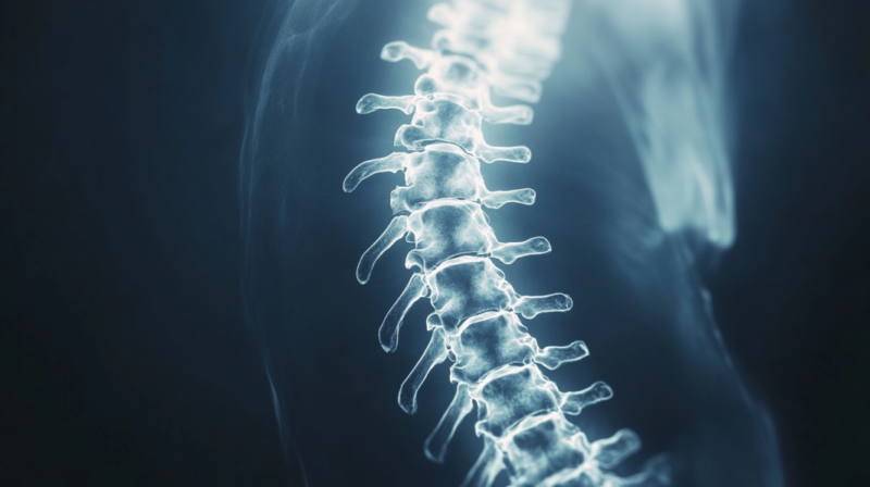 X-Ray Image of A Glowing, Highlighted Human Spine Showing Clear Detail, Used to Illustrate the Topic of Spondylolisthesis Surgery