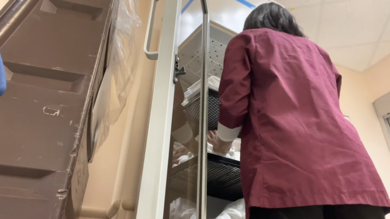 A Nurse Volunteer Organizes Medical Supplies on Shelves, Demonstrating Dedication and Assistance in A Healthcare Setting