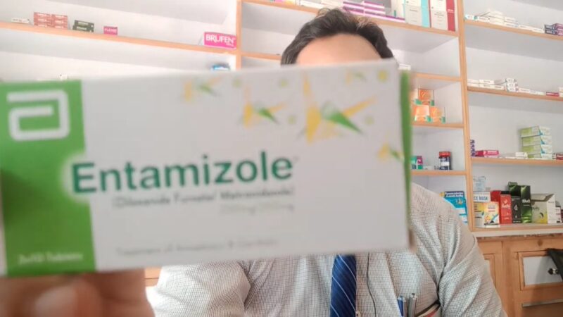 The Image Shows a Pharmacist Holding a Box of Entamizole, a Medication Classified Under Antiprotozoal and Antimicrobial Agents