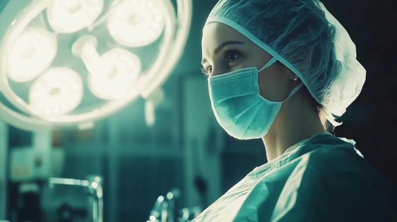 Female Surgeon Wearing a Surgical Mask and Cap, Standing in An Operating Room Illuminated by Overhead Surgical Lights