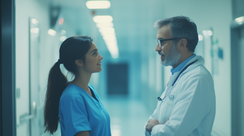 A Nurse and A Doctor Are Having a Professional Conversation in A Hospital Hallway, Emphasizing the Importance of Networking in The Healthcare Environment