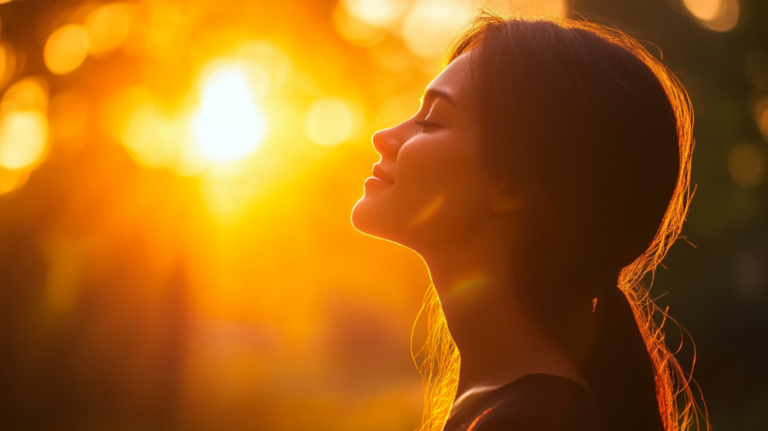 A Woman Enjoys the Sunlight, Looking Relaxed and Content for Her Mental Well-Being