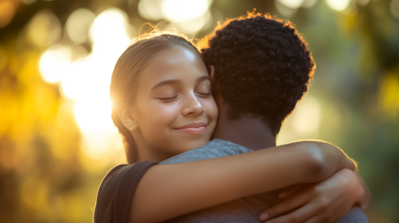 A Young Woman Happily Hugs Someone, Feeling Supported