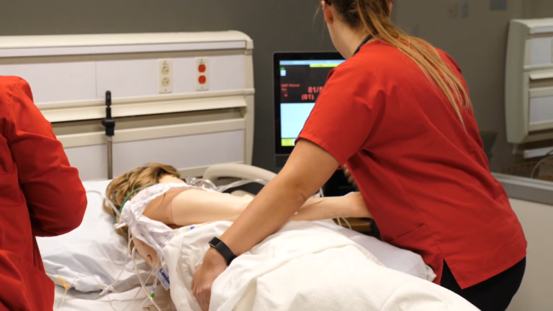 A Nurse in Red Scrubs Practices Patient Care on A Simulation Mannequin During a Hands-On Nursing Workshop