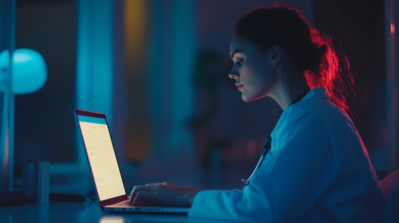 A Nurse in A Dimly Lit Room Working on A Laptop, Representing the Use of Online Programs for Advancing Nursing Careers