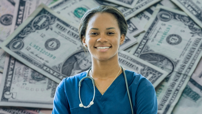 A Nurse Smiling with A Background of Dollar Bills, Representing Financial Growth in The Nursing Profession