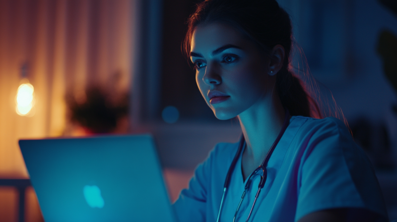 A Focused Nurse Using a Laptop in A Dimly Lit Room, Representing the Integration of Healthcare Technology in Nursing Practice