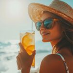 woman wearing a straw hat and sunglasses smiles while holding a glass of iced tea with lemon slices against a beach background