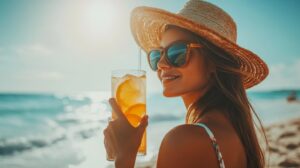 woman wearing a straw hat and sunglasses smiles while holding a glass of iced tea with lemon slices against a beach background