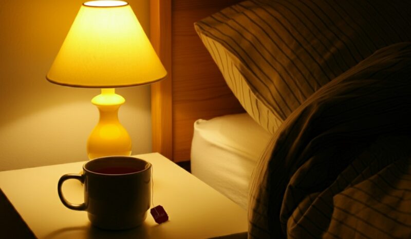 Lamp, tea cup, bedside table, cozy setting