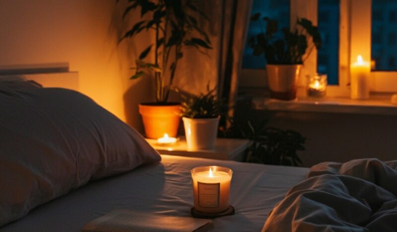 Cozy bedroom with candles and plants