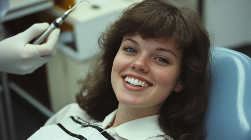 Patient Smiling in A Dental Chair While a Dentist Holds a Dental Tool Nearby