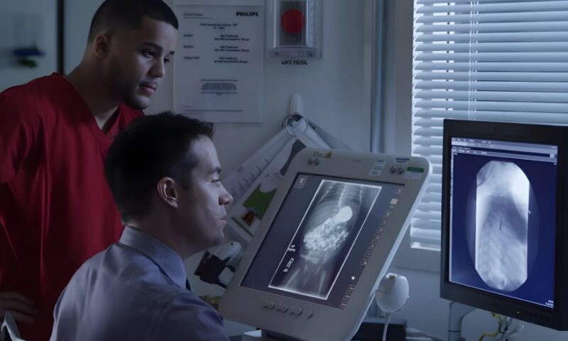 Two medical staff members examine a diagnostic X-ray image on a computer monitor